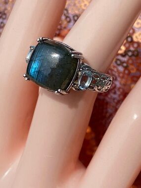 EverTrue Malagasy Labradorite Blue Topaz Cocktail Ring Platinum Bond Size 7
